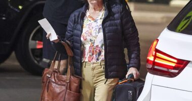 Julie Goodwin, 54, looked slender as ever on Sunday as she touched down at Sydney Airport with her husband-of-30-years Michael on Sunday night (both pictured)