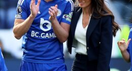 Rebekah's husband Jamie Vardy signed for for Serie A side US Cremonese last week, with the couple flying out to Lombardy this weekend (pictured on his last day at Leicester)