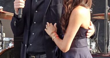 On Sunday, Meghan Markle made an appearance at Kevin Costner's charity event dripping in more than $300,000 worth of diamonds. Meghan is pictured (right) with Harry (left)