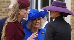 Third wheel: Kate Middleton (pictured, left) is seen animatedly chatting to First Lady Melania Trump (pictured, right) as Queen Camilla (pictured, centre) looks on at Windsor Castle today