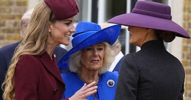 Third wheel: Kate Middleton (pictured, left) is seen animatedly chatting to First Lady Melania Trump (pictured, right) as Queen Camilla (pictured, centre) looks on at Windsor Castle today