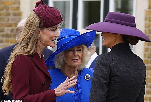 Third wheel: Kate Middleton (pictured, left) is seen animatedly chatting to First Lady Melania Trump (pictured, right) as Queen Camilla (pictured, centre) looks on at Windsor Castle today