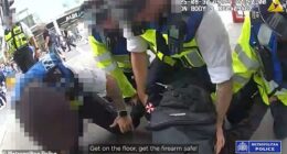 Police footage captured how a 16-year-old boy dressed in tactical gear with a fake firearm was tackled to the ground by police, after his Resident Evil comic con costume sparked fears of a mass shooting
