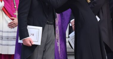 The Princess of Wales showed that she and her father-in-law, the King, are closer than ever as she curtsied to him - and kissed him on the cheek - at the Duchess of Kent's funeral on Tuesday