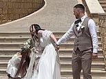 Moment wedding day takes a turn for the worse as bridesmaid slips down stairs before taking the bride with her