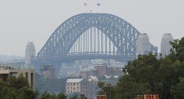 A view of the Sydney Harbour Bridge shrouded in smog from nearby bushfires in Sydney, December, 2023