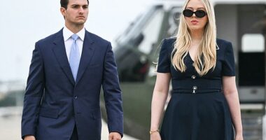 New mom Tiffany Trump , 31, looked effortlessly stunning and elegant as she joined her dad, Donald Trump to leave Washington for his official state visit to the UK on Tuesday morning