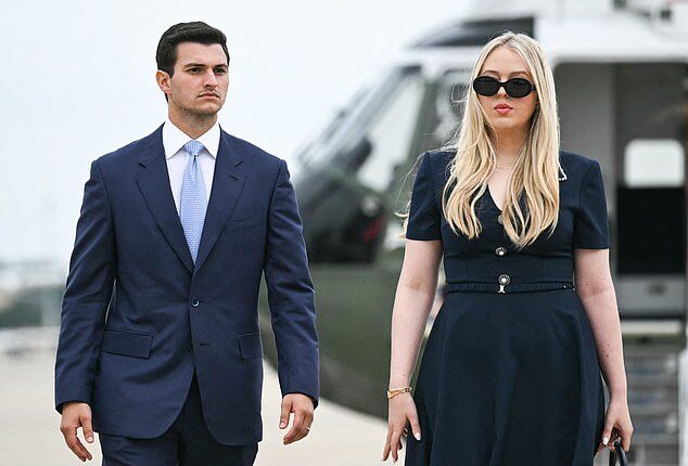 New mom Tiffany Trump , 31, looked effortlessly stunning and elegant as she joined her dad, Donald Trump to leave Washington for his official state visit to the UK on Tuesday morning