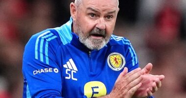 Steve Clarke applauds his players after they picked up a wonderful point in Copenhagen