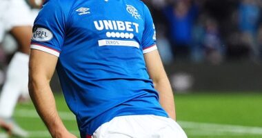 Raskin roars with delight after firing Rangers into the lead against Hibs