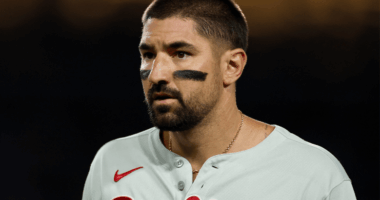 Phillies slugger Nick Castellanos during a game, adjusting to his new platoon role in right field.