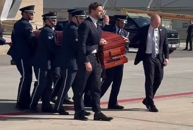 Vice President JD Vance stood front and center as he and members of the National Guard carried Charlie Kirk's coffin to Air Force Two on Thursday