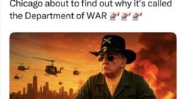 Donald Trump, 79, took to his social media platform, Truth Social, on Saturday to post a meme about himself, where he wrote: 'I love the smell of deportations in the morning. Chicago about to find out why it's called the Department of WAR'