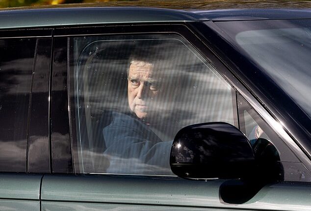 Prince Andrew appeared pensive as he stared out the window of a car while driving around Windsor Castle - where the King will be hosting US President Donald Trump for a state visit this week