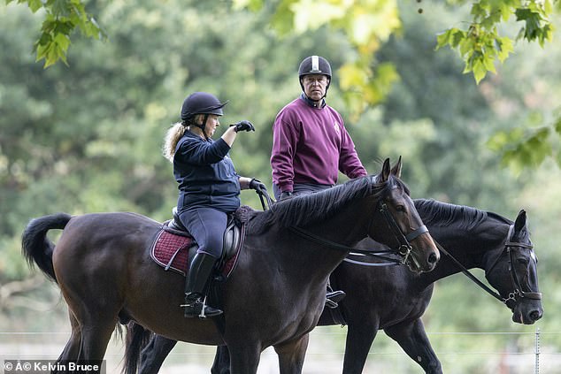 The disgraced royal, 65, (pictured) took a ride with a groom alongside Windsor River this weekend. Prince Andrew appeared unmoved by the ongoing preparations for President Trump's visit on Wednesday