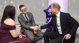 Prince Harry spoke about the 'challenging' relationship between siblings when chatting with WellChild awards winner Declan Bitmead (centre) at London's Royal Lancaster Hotel last night
