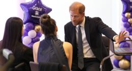 Prince Harry revealed what he and Meghan have been watching on Netflix together - but awkwardly failed to mention her show. Pictured speaking with 13-year-old Grace Tutt