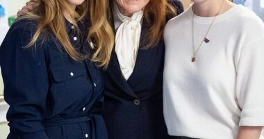 Princesses Beatrice and Eugenie have been left in a 'very difficult' position over their upcoming Christmas plans, a royal author has claimed. Pictured, the sisters with their mother, Sarah Ferguson, in London in April 2025