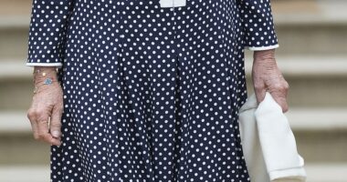 Queen Camilla is pictured attending the Queen's Reading Room Festival at Chatsworth House on Friday