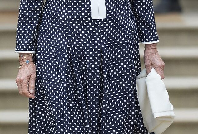 Queen Camilla is pictured attending the Queen's Reading Room Festival at Chatsworth House on Friday