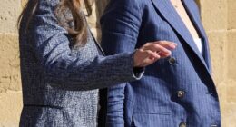 Queen Letizia (pictured, left) and Crown Princess Leonor (pictured, right) snapped during the second day of their trip to Navarra