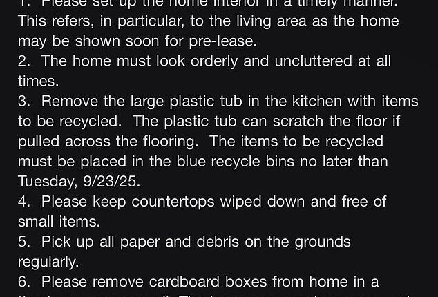 A group of young renters were still dealing with a raccoon living in their ceiling when their landlord sent them a bizarre list of ' house rules ' - including keeping countertops clear at all times and staging the home as if it were about to be sold