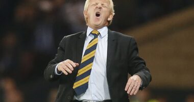 An uncomfortable moment for Strachan during a European qualifier with Scotland in 2015