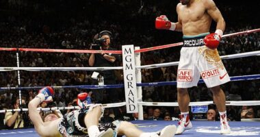 Ricky Hatton of Britain goes down in a TKO in the second round during his fight with Manny Pacquiao of the Phillippines. The Hitman said the defeat left him suicidal
