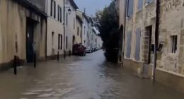 Dramatic video footage has captured the impact of the extreme weather in the picturesque coastal Carmague region of southern France, with the streets flooded with ankle-deep water following heavy rainfall. A severe weather alert has been issued for swathes of the country