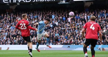 Luke Shaw (left) took a lot of the blame as Phil Foden (middle) headed Man City ahead in derby