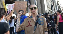 Ruby Rose, 39, (pictured) was spotted on Thursday in Hollywood attending a protest against the cancelation of Jimmy Kimmel's show, after the comedian was suspended 'indefinitely' for his comments about the assassination of Charlie Kirk