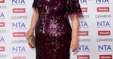 Ruth Jones oozed glamour in a purple sequin gown at the National Television Awards in London on Wednesday in her first appearance since her marriage split