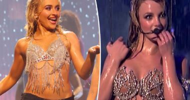 Sabrina Carpenter nods to Britney Spears in bedazzled bra during VMAs 2025 performance
