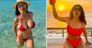 Salma Hayek wears a red bikini to celebrate her 59th birthday