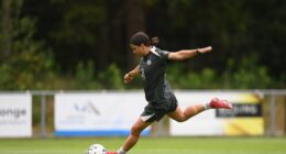 Sam Kerr is pictured in full flight for Chelsea during a training session last month. She returns on Saturday morning, Australian time, after 20 months of injury hell