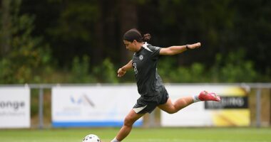 Sam Kerr is pictured in full flight for Chelsea during a training session last month. She returns on Saturday morning, Australian time, after 20 months of injury hell