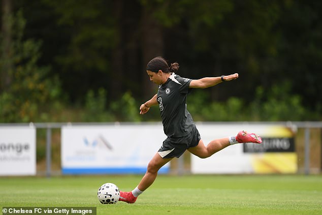 Sam Kerr is pictured in full flight for Chelsea during a training session last month. She returns on Saturday morning, Australian time, after 20 months of injury hell