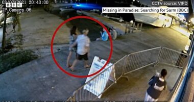 The last recorded sighting of British woman Sarm Heslop, 41, who disappeared in the early hours of the morning of March 8th 2021 from her boyfriend Ryan Bane's £500,000 catamaran. The footage has been released by police on the US Virgin Island where she vanished, St. John, with police chief Stephen Phillip saying: 'We are at a dead end road and we need help'