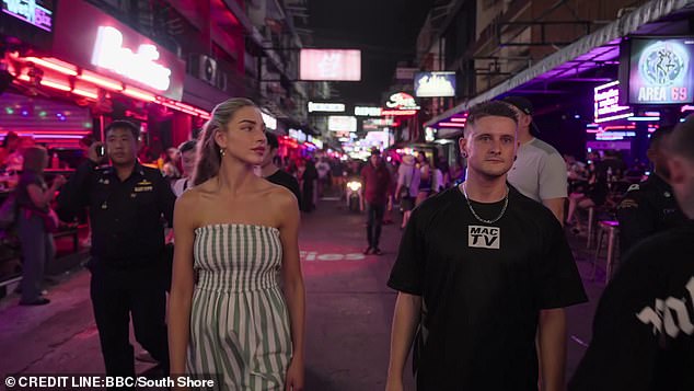 Young British men are soliciting sex for 'as little as £23' in Thailand, with some choosing to ditch the UK altogether and settle down with these 'bar girls', Zara McDermott discovered in her new documentary Thailand: The Dark Side of Paradise. She is seen here with Mac, a British content creator who ditched the UK for Thailand two years ago