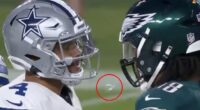 Jalen Carter (right) inexplicably spat at Cowboys quarterback Dak Prescott six seconds in