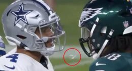 Jalen Carter (right) inexplicably spat at Cowboys quarterback Dak Prescott six seconds in