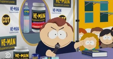 In one scene, 'master debater' Eric Cartman tackles another Kirk-esque influencer hosting a rally at a college campus and takes over the show - Bible in hand