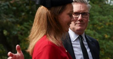 Sir Keir Starmer and his wife Victoria pictured arriving today for a church service at Crathie Kirk, near Balmoral, Scotland