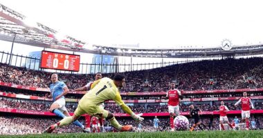 Erling Haaland puts Manchester City in front at the Emirates Stadium on Sunday, having taken advantage of his side's new approach