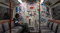 A London Underground passenger sits in a Bakerloo Line carriage covered in graffiti in June
