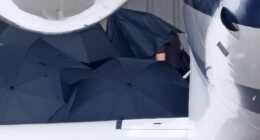 Taylor Swift seen arriving in Santa Barbara for Selena Gomez's big day. The singer was photographed in a black short sleeve top and carrying a black bag as she was carefully led out of her private plane this afternoon