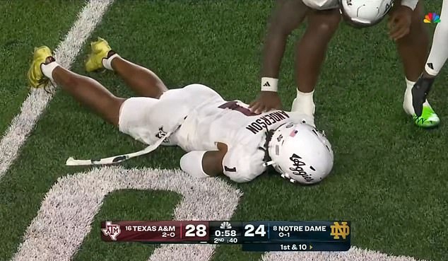 Texas A&M defensive back Bryce Anderson was knocked out cold late in the first half