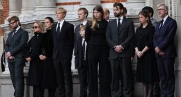 The Duchess of Kent's grandchildren are pictured standing outside Westminster Cathedral for her vigil. Pictured L-R: Columbus Taylor, Lady Amelia Windsor, Lady Marina Windsor, Eloise Taylor (fourth right), Cassius Taylor (third right), Estella Taylor (second right)