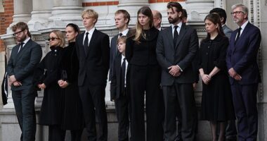 The Duchess of Kent's grandchildren are pictured standing outside Westminster Cathedral for her vigil. Pictured L-R: Columbus Taylor, Lady Amelia Windsor, Lady Marina Windsor, Eloise Taylor (fourth right), Cassius Taylor (third right), Estella Taylor (second right)