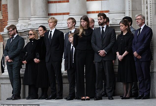 The Duchess of Kent's grandchildren are pictured standing outside Westminster Cathedral for her vigil. Pictured L-R: Columbus Taylor, Lady Amelia Windsor, Lady Marina Windsor, Eloise Taylor (fourth right), Cassius Taylor (third right), Estella Taylor (second right)